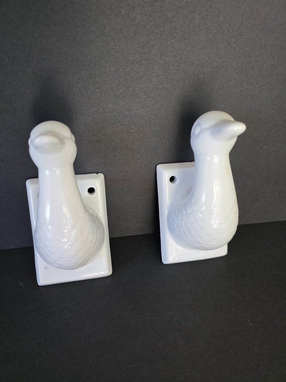 2- Vintage White Ceramic Duck Bird Wall Hooks - Decorative Home Accent